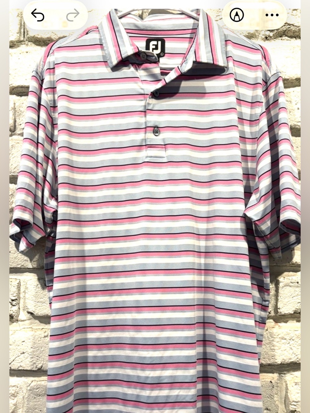FootJoy ,Pink White Grey Striped Performance Stretch Mens Golf Shirt, LG, EUC!